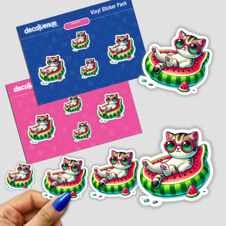 Cat on Watermelon Float sticker pack featuring cats in sunglasses lounging on watermelon floats. Available as stickers or digital artwork.