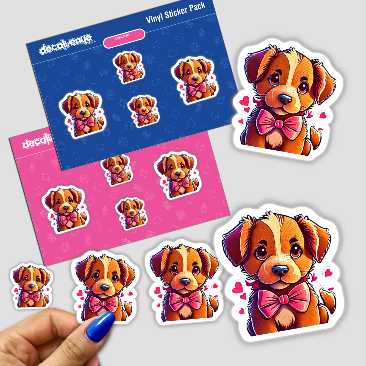 Puppy-themed stickers featuring cartoon dogs with pink bow ties, available as physical stickers or digital artwork.