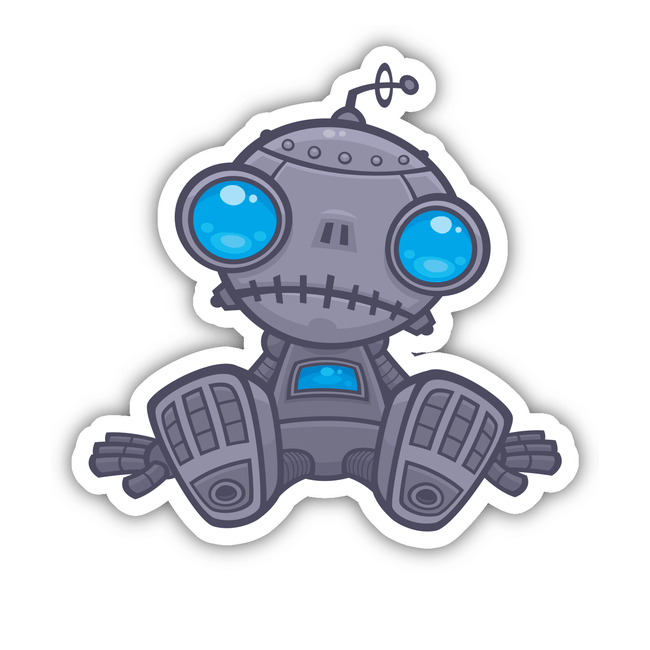 Sad Robot sticker featuring a cartoon robot with expressive blue eyes, perfect for adding a touch of whimsy to any surface. Ideal for fans of unique digital art from Decal Venue.