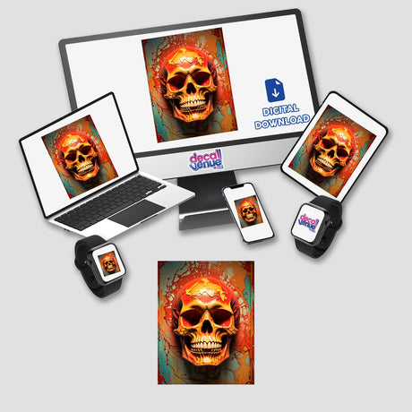 Abstract 3D Skull Art displayed on various devices, including a laptop and monitor, showcasing unique skull designs. Available as stickers or digital artwork from Decal Venue.