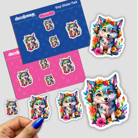 Sticker pack titled Melodic Howl: Wolf with Floral Splash Listening to Music featuring cartoon animals and dogs wearing headphones. Available as stickers or digital artwork.