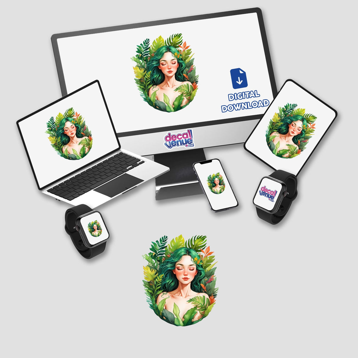 Digital artwork Woman Resting in a Lush Tropical Embrace of Greenery displayed on a computer monitor and laptop, showcasing a woman with green hair surrounded by leaves. Available as stickers or digital art.