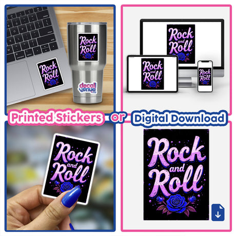 Collage featuring Rock And Roll Roses stickers and digital artwork, showcasing a laptop and phone to highlight versatile application on electronic devices.