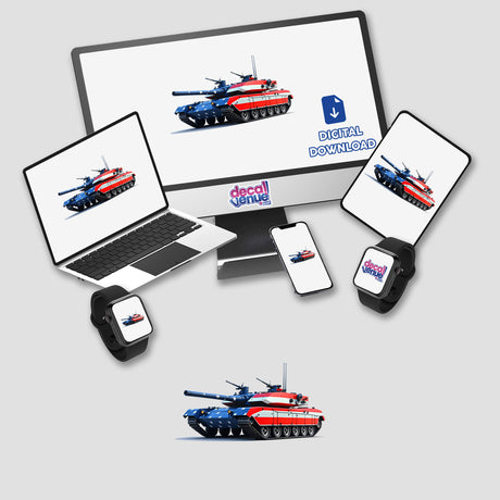 A Cool American Flag Army Tank displayed on various digital screens, featuring a red and white design with stars and stripes, available as stickers or digital artwork from Decal Venue.