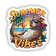 Summer Vibes Chillin Pitbull Dog sticker or digital artwork showing a relaxed cartoon pitbull lounging in a chair with a drink.