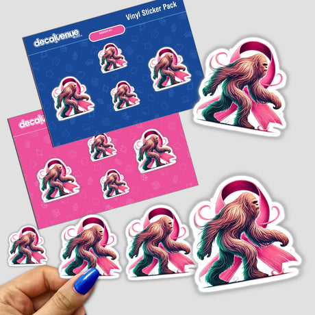 Sasquatch Pink Ribbon Breast Cancer sticker featuring a cute furry animal holding a pink ribbon, ideal for DIY projects and fundraising.