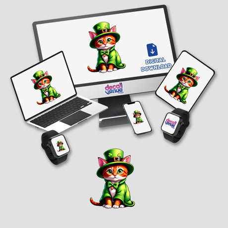 St. Patrick's Day Kitten digital artwork displayed on a computer monitor and laptop, featuring a cartoon cat in a green hat and coat, available as stickers or digital art.