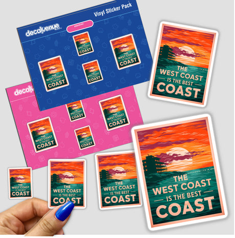 The West Coast Is The Best Coast Quote sticker, held in a hand, featuring a sunset design. Available as stickers or digital artwork from Decal Venue's unique collection.