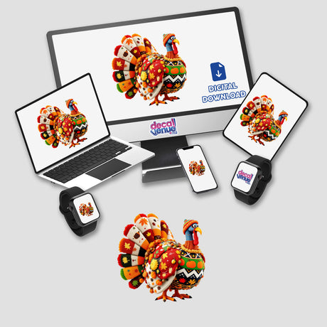 Thanksgiving Turkey Knit Fabric Style, showing a turkey image displayed on various devices, available as unique stickers or digital artwork, from Decal Venue.