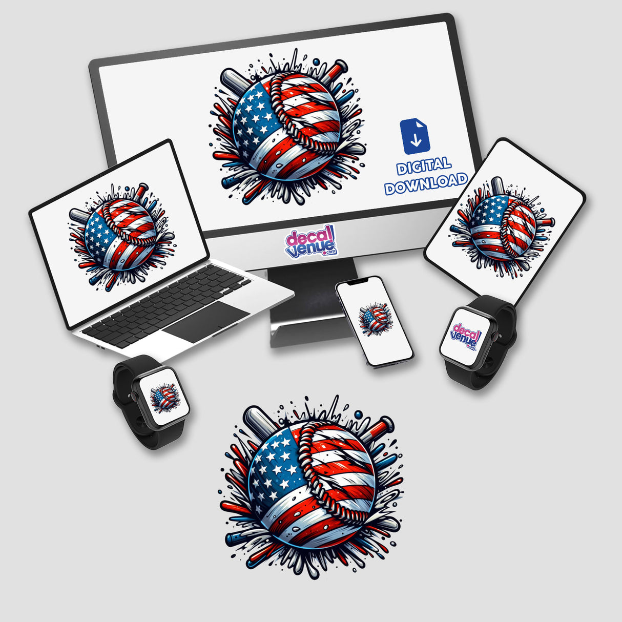 American Flag Baseball Splatter III: Computer monitor and laptop displaying a baseball logo with crossed bats, available as stickers or digital artwork at Decal Venue.