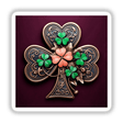 Ornate Shamrock – Bronze Clover with Green and Coral Floral Accents, featured as a brooch or sticker, showcasing intricate design emphasizing artistic flair, available at Decal Venue for unique vinyl stickers and digital art.