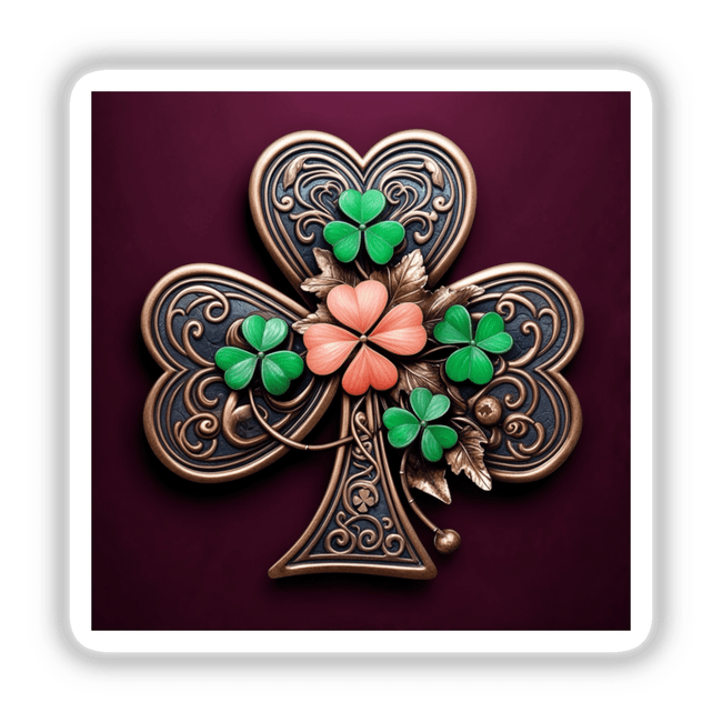 Ornate Shamrock – Bronze Clover with Green and Coral Floral Accents, featured as a brooch or sticker, showcasing intricate design emphasizing artistic flair, available at Decal Venue for unique vinyl stickers and digital art.