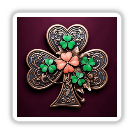 Ornate Shamrock – Bronze Clover with Green and Coral Floral Accents, featured as a brooch or sticker, showcasing intricate design emphasizing artistic flair, available at Decal Venue for unique vinyl stickers and digital art.