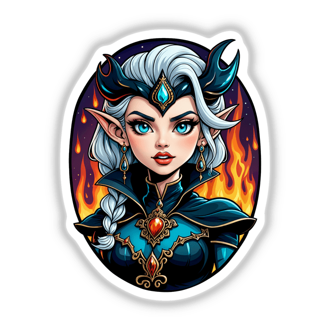 Anime-style illustration of an Evil Queen character with striking blue eyes, white hair, and a blue crown, available as stickers or digital artwork from Decal Venue.