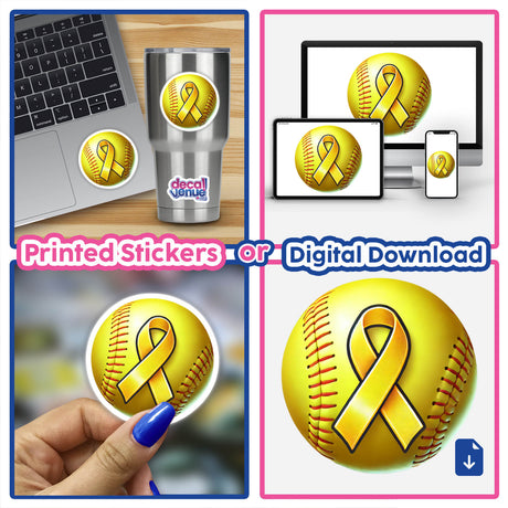 Collage of Softball Yellow Ribbon Childhood Cancer Awareness stickers and digital artwork, featuring softballs and baseballs adorned with yellow ribbons.