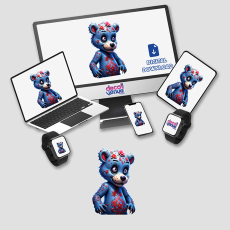 A Macabre Scary Bear cartoon displayed on a computer monitor and laptop screen, available as stickers or digital artwork.