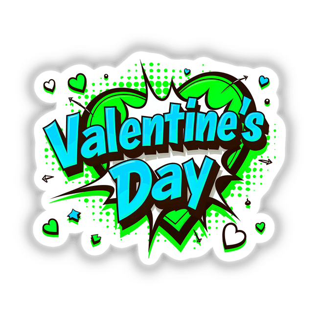 Valentine's Day Love Heart design featuring green and blue text surrounded by hearts, available as stickers or digital artwork from Decal Venue.