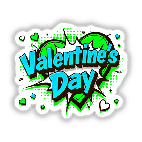 Valentine's Day Love Heart design featuring green and blue text surrounded by hearts, available as stickers or digital artwork from Decal Venue.