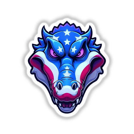 Cartoon illustration of A Cool American Flag Alligator with a playful design, featuring stars, available as stickers or digital artwork from Decal Venue.