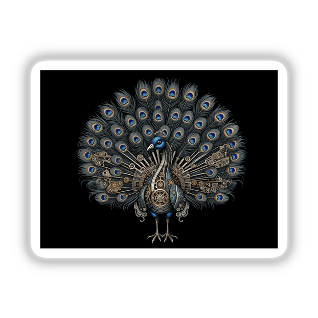 Steampunk Peacock with Gears and Metallic Feathers showcased as a detailed sticker or digital artwork, highlighting intricate gear designs and stylized feather details, ideal from Decal Venue's unique art collection.