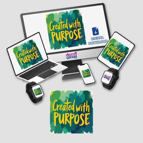 Created with Purpose - Genesis 1:27 Christian Sticker featuring a laptop and phone, showcasing an inspirational Bible verse clipart, available as unique stickers or digital artwork from Decal Venue.