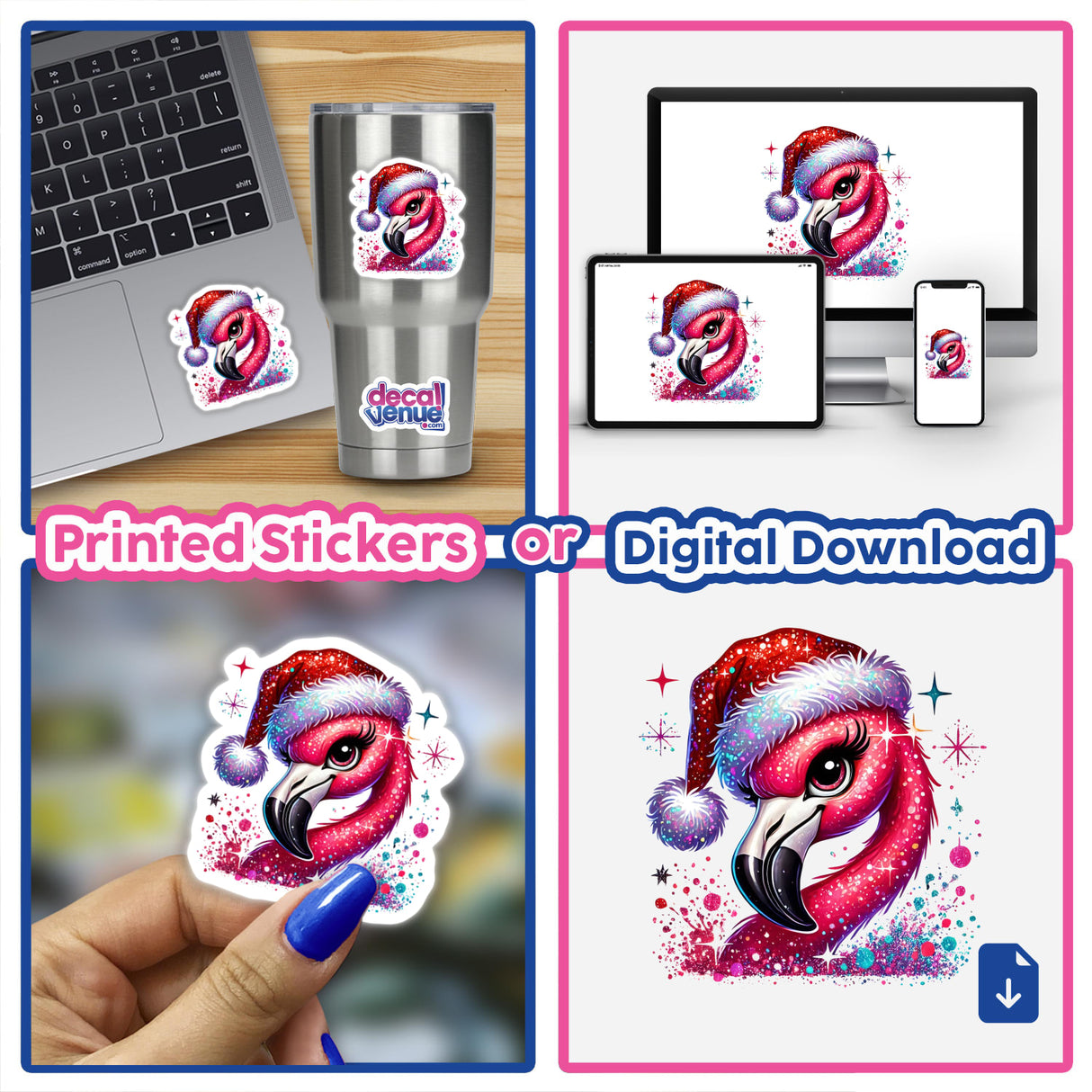 Pink Santa Christmas Flamingo sticker, featuring a flamingo wearing a Santa hat, ideal for laptops or cups. Available as stickers or digital artwork, embodying Decal Venue's unique style.