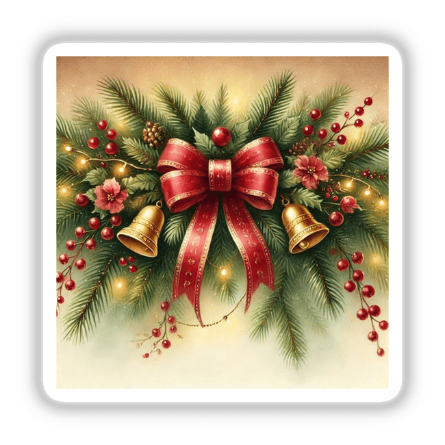 Holiday Garland - Evergreen Boughs with Red Bows Watercolor features a festive arrangement of bells and a bow, perfect as stickers or digital artwork.