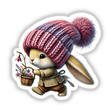 Cozy Bunny Gnome with Tiny Floral Basket - Charming digital artwork featuring a bunny gnome wearing a warm knitted hat and carrying a basket of colorful flowers.