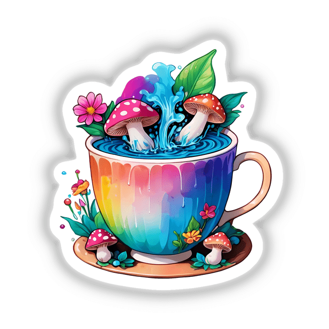 Enchanted Teacup: Filled with Magic Mushrooms, featuring whimsical illustrations of mushrooms and flowers, available as stickers or digital artwork.