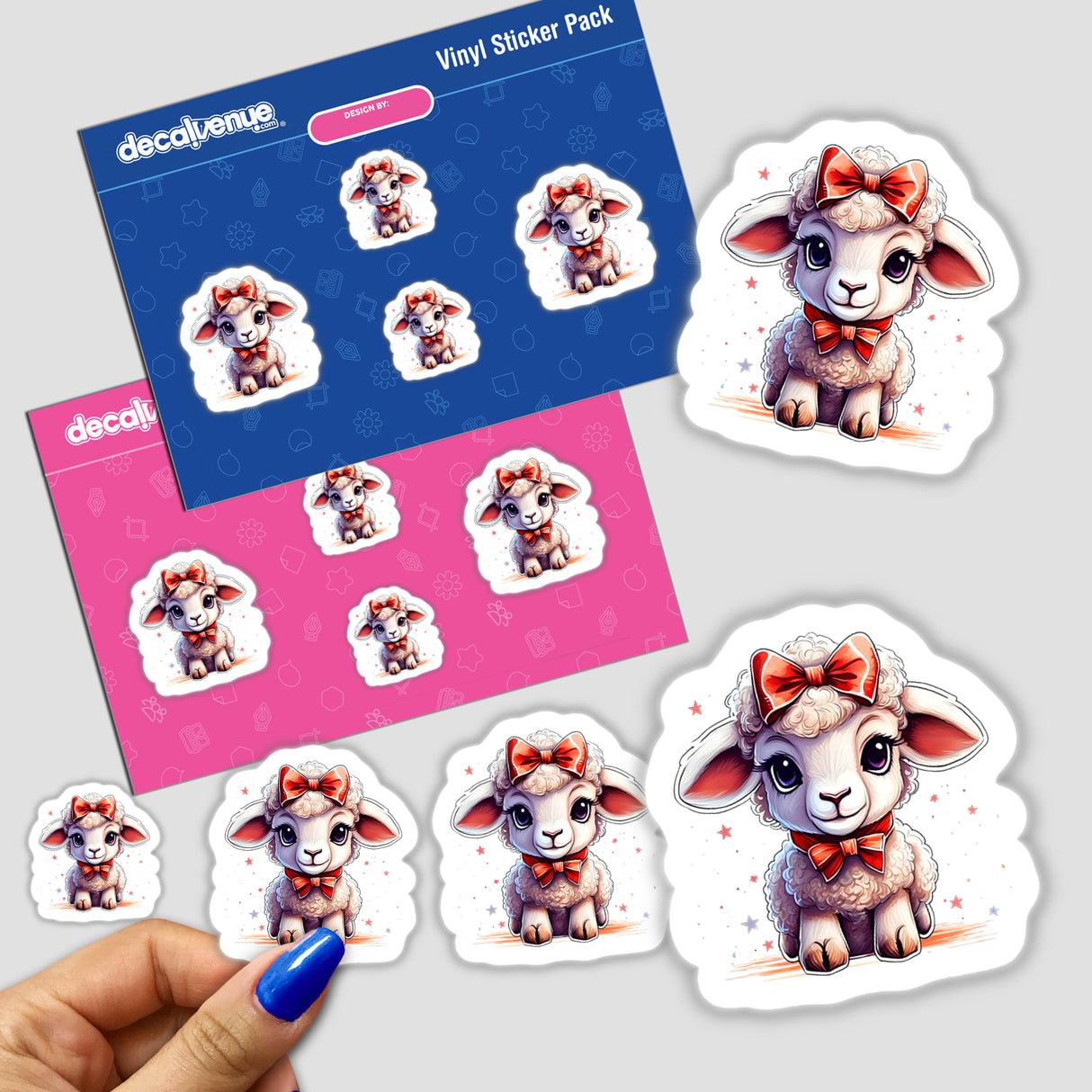 Stickers featuring cartoon lambs, including some with bows, available as physical stickers or digital artwork.