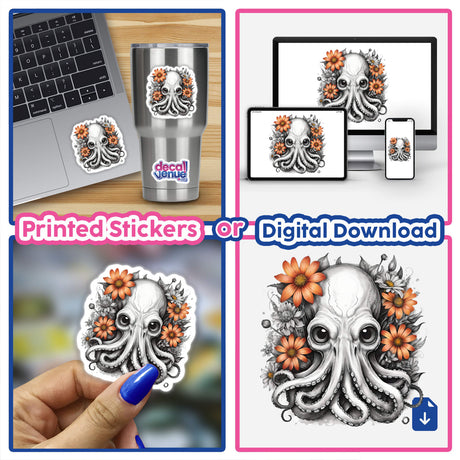 Octopus Portrait with Floral Accents - Digital Artwork. This image features a detailed illustration of an octopus with colorful floral accents, shown in various product placements such as a laptop, smartphone, and a stainless steel tumbler. The artistic design showcases the octopus' intricate tentacles and expressive eyes, creating a unique and visually striking digital artwork.