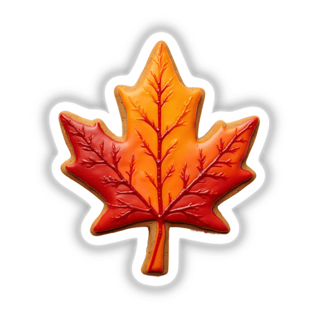 Maple Leaf Shaped Cookie with Red and Orange Autumn Colors, available as stickers or digital artwork, showcasing intricate leaf design details.