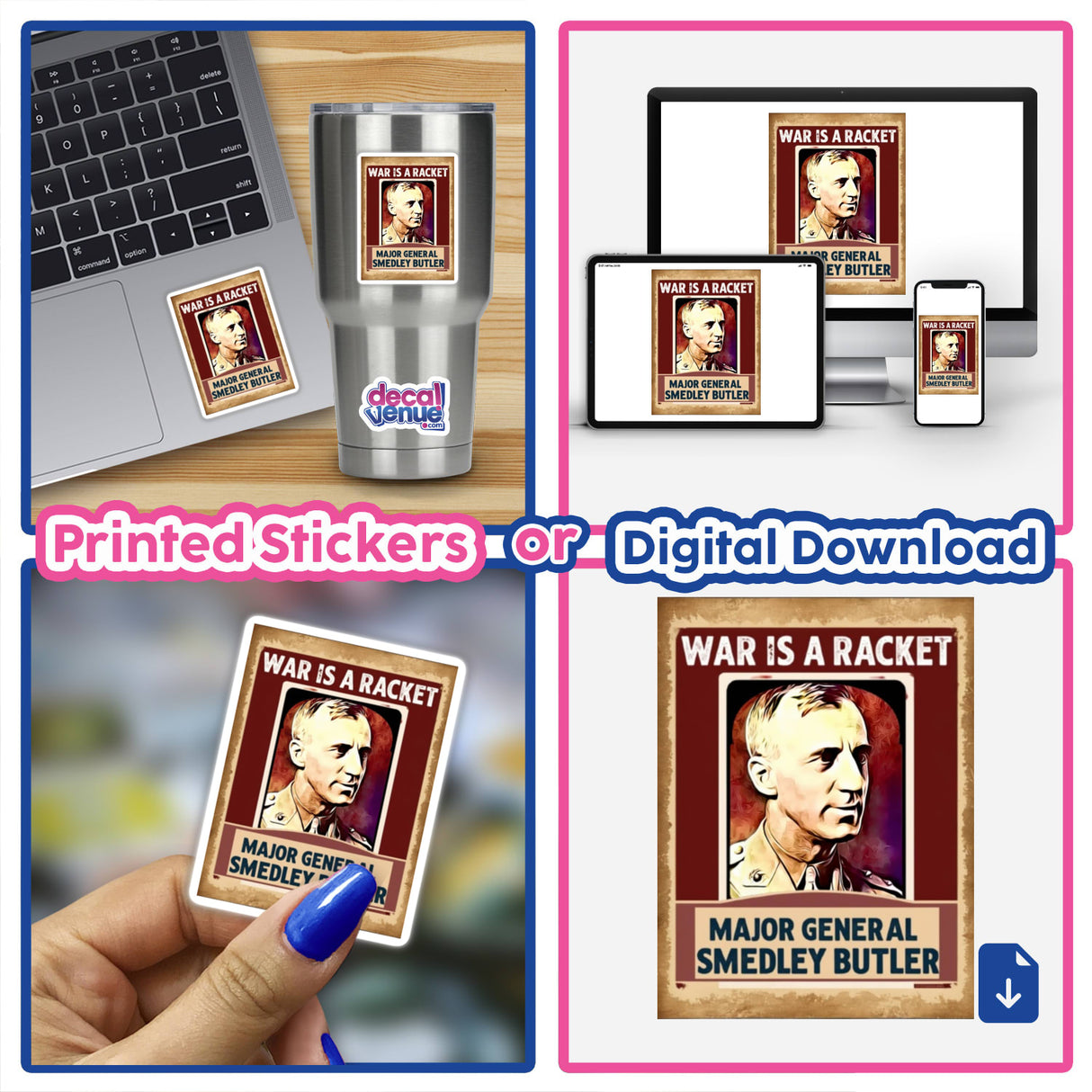 Collage featuring a laptop with a sticker, a poster of Smedley Butler, and a person holding a card, illustrating War is a Racket Vintage Clipart | Smedley Butler Quote | Stickers or Commercial Rights Download.