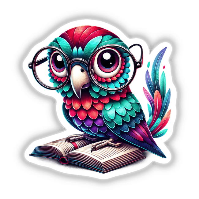 Parrot With Reading Glasses Open Book: An illustrated parrot wearing glasses sits atop an open book, available as unique stickers or digital artwork from Decal Venue.