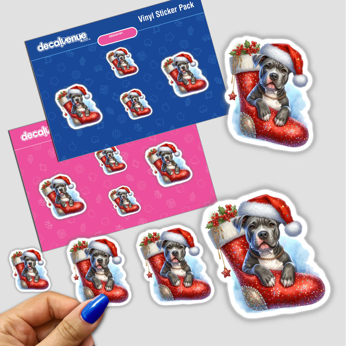 Pitbull Santa Dog in Christmas Stocking II: A sticker featuring a cartoon pitbull wearing a Santa hat, nestled in a Christmas stocking. Available as stickers or digital artwork.