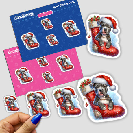 Pitbull Santa Dog in Christmas Stocking II: A sticker featuring a cartoon pitbull wearing a Santa hat, nestled in a Christmas stocking. Available as stickers or digital artwork.