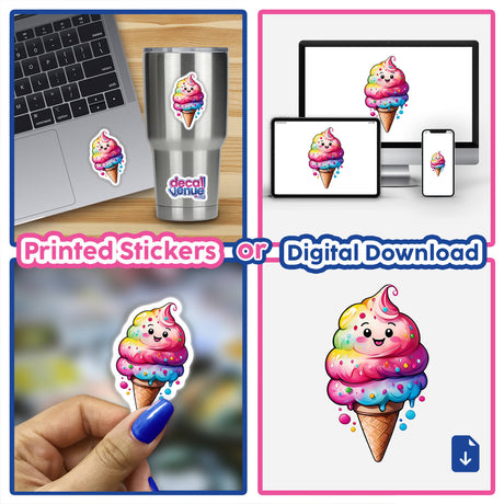 Happy ice cream cone stickers and digital artwork featuring whimsical cartoon ice cream cones with faces, perfect for decorating laptops, cups, and more.