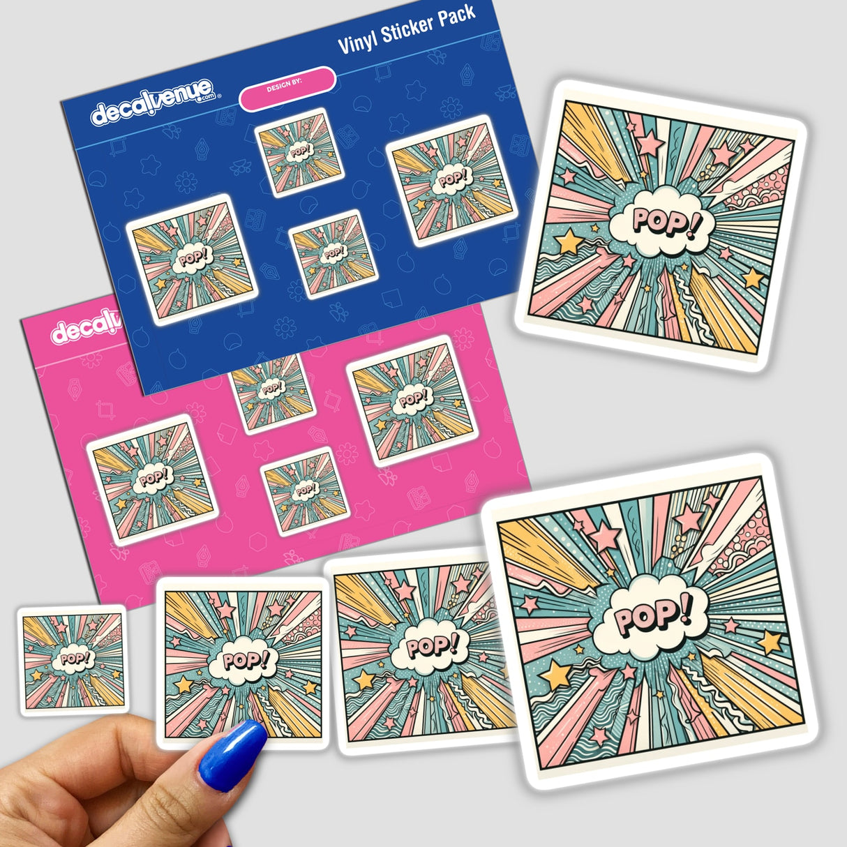 Pastel pop artwork sticker pack featuring comic book designs, stars, clouds, and pop art explosions. Available as stickers or digital artwork.