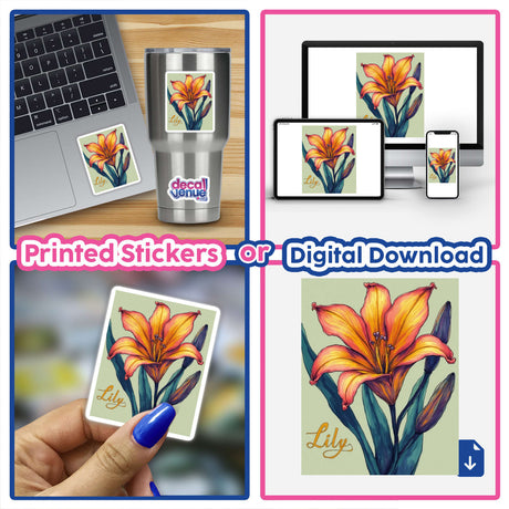 Personalized Lily Sticker or Clipart – Custom Floral Art with Commercial Rights, featuring a laptop adorned with a floral design, showcasing the unique vinyl sticker or digital artwork available at Decal Venue.