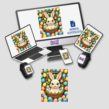 Cute Easter Bunny in a Basket with Eggs displayed on a computer monitor and laptop, available as stickers or digital artwork from Decal Venue's unique collection.