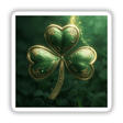 Celtic Shamrock – Green Clover with Intricate Gold Knotwork featured as a sticker or digital artwork, showcasing detailed art, ideal for unique vinyl applications from Decal Venue.