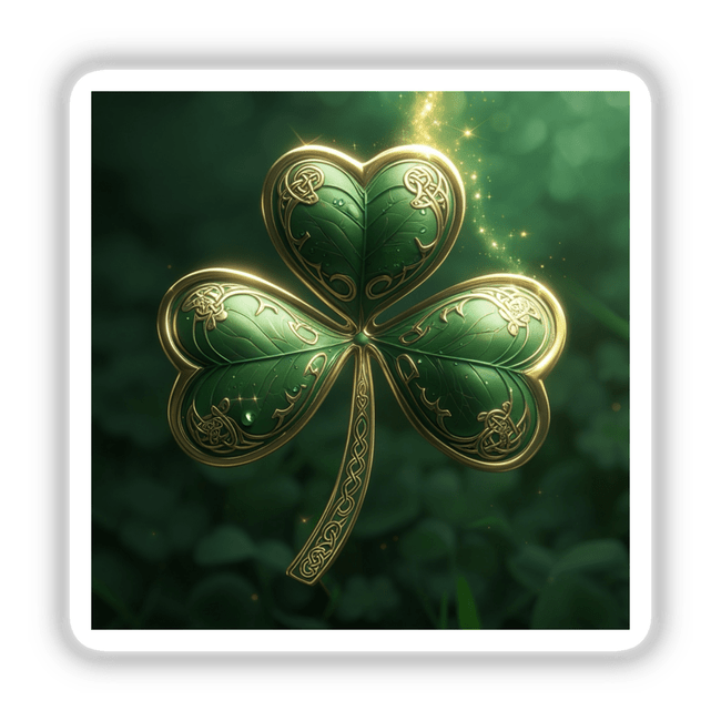 Celtic Shamrock – Green Clover with Intricate Gold Knotwork featured as a sticker or digital artwork, showcasing detailed art, ideal for unique vinyl applications from Decal Venue.