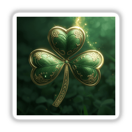 Celtic Shamrock – Green Clover with Intricate Gold Knotwork featured as a sticker or digital artwork, showcasing detailed art, ideal for unique vinyl applications from Decal Venue.