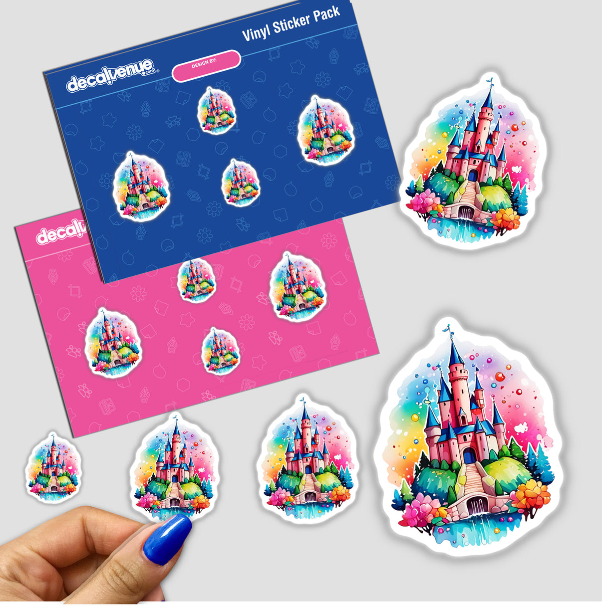 Whimsical French Castle Sticker - Floral Rainbow Kawaii Design, featuring detailed cartoon castles on a hill, available as individual stickers or in a sticker pack.