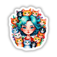 Cartoon of a blue-haired girl surrounded by multiple cats, titled Crazy Cat Lady, available as unique stickers or digital artwork from Decal Venue.