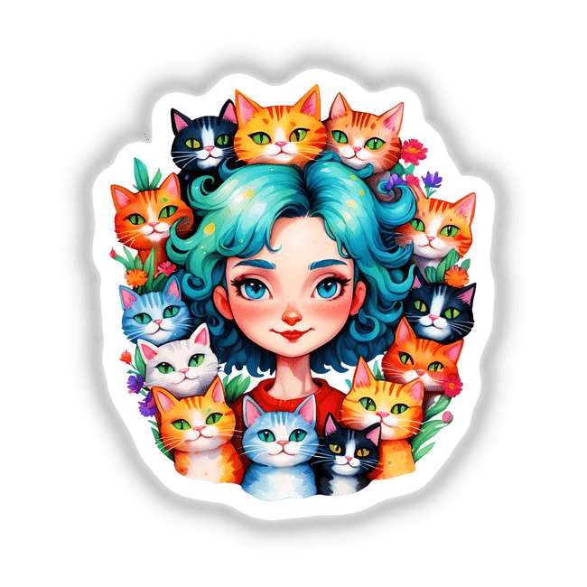 Cartoon of a blue-haired girl surrounded by multiple cats, titled Crazy Cat Lady, available as unique stickers or digital artwork from Decal Venue.