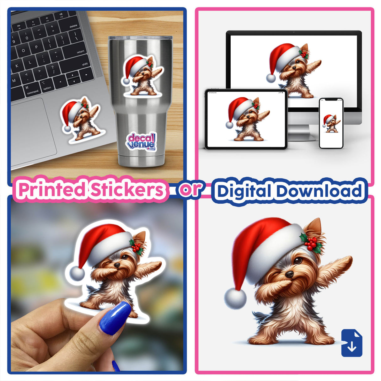 Dabbing Christmas Santa Yorkie Dog sticker featuring a Yorkie in a Santa hat, available as a sticker or digital artwork.