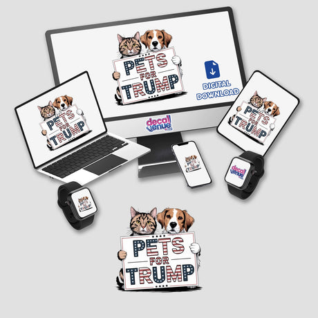 Pets for Trump Cat and Dog MAGA Make Pets Great Again design featuring cartoon cats and dogs holding signs. Available as stickers or digital artwork from Decal Venue.