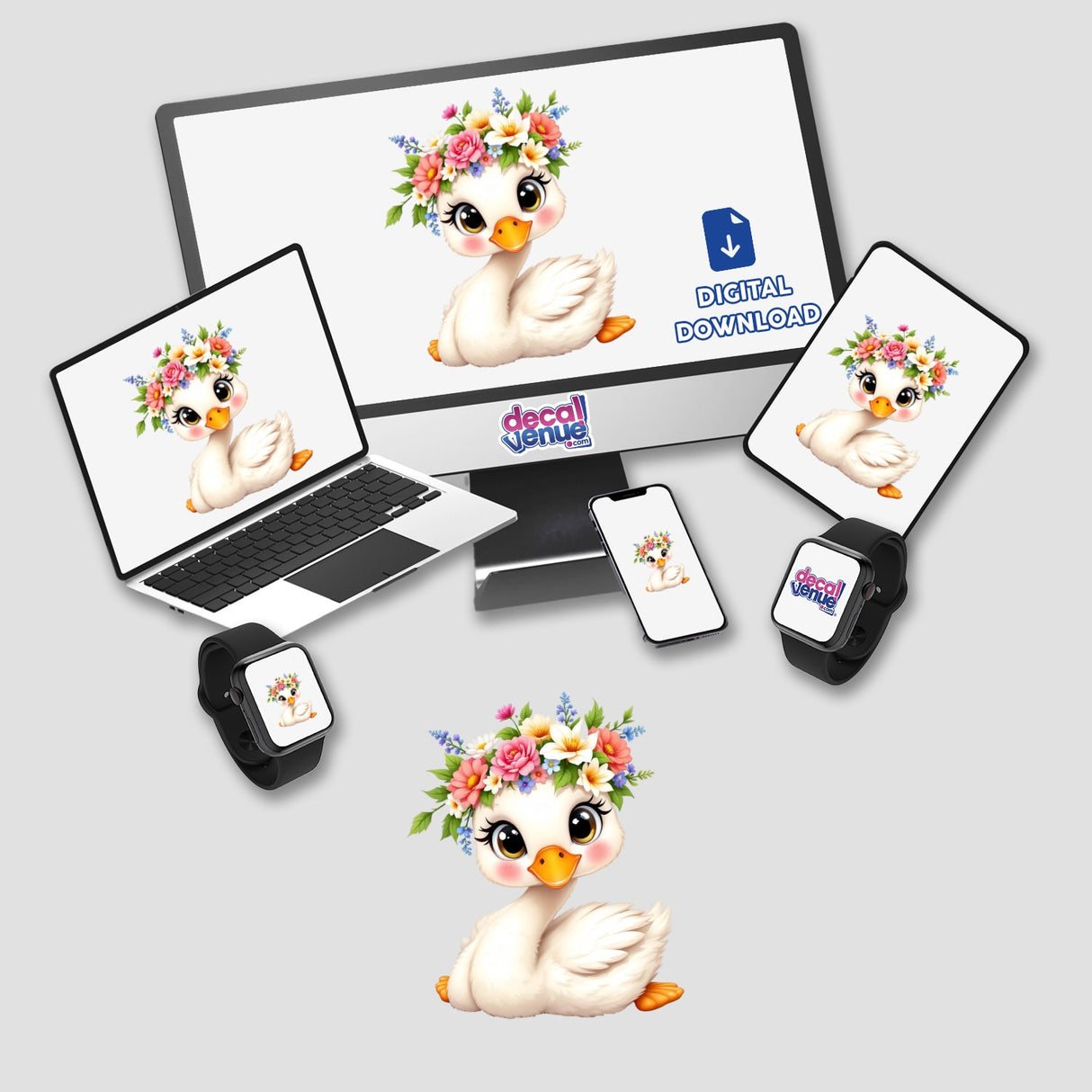 Elegant Swan with a Flower Crown displayed on a laptop and monitor, featuring the cartoon swan adorned with flowers, available as stickers or digital artwork from Decal Venue.