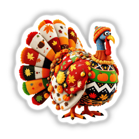 Thanksgiving Turkey Knit Fabric Style sticker, featuring a cartoon stuffed turkey adorned in vibrant knit attire, perfect as a unique digital artwork or sticker from Decal Venue.